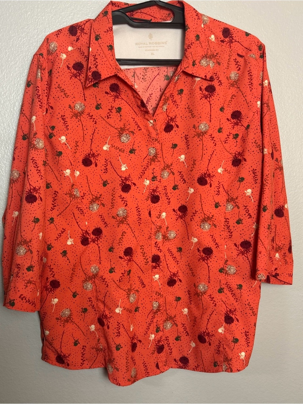 Royal Robbins Floral Shirt Women's XL Coral Snap Front 3/4 Sleeve Travel Outdoor
